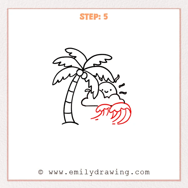 how to draw a cartoon beach - A cartoon beach scene with a palm tree, sun and cloud, and two curling waves with foamy caps in the lower-right.